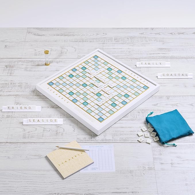 WS Game Company Scrabble Bianco Edition with Rotating Wooden Game Board
