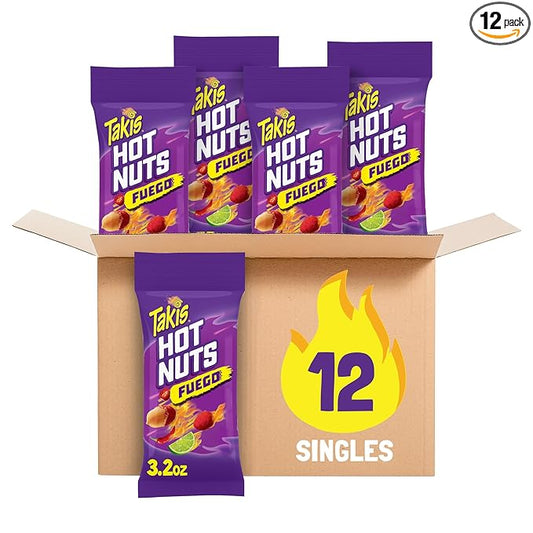 Takis Fuego Hot Nuts 12 pc / 3.2 oz Snack Size Box, Hot Chili Pepper & Lime Flavored Extreme Spicy Double-Crunch Peanuts