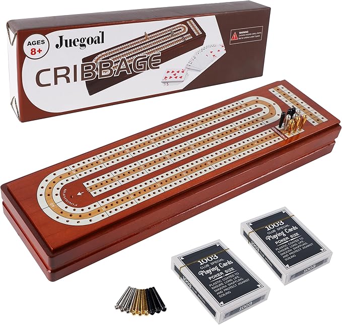 Juegoal Upgrade Wood Cribbage Board Game Set, Solid Wooden Continuous 3 Track Board with Larger Storage Area, 9 Metal Pegs and 2 Decks of Playing Cards, Travel Portable Cribbage Game Sets