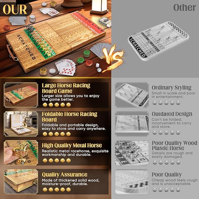 Horse Racing Game, Foldable Solid Wood Horse Games, Horse Race Board Game with 11 Metal Race Horses, Two Dice and Two Boxes of Cards, 2 in 1 Folding Horse Game Board (Folding Version)