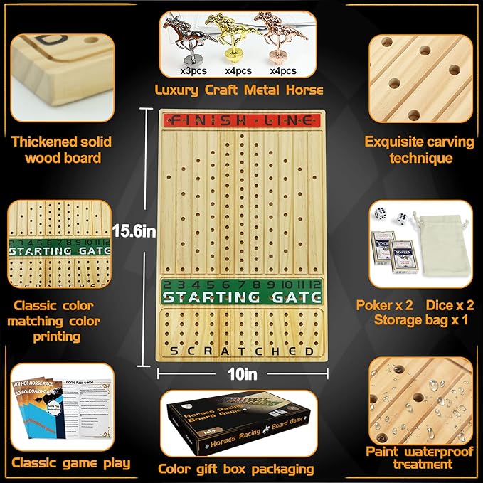 Horse Race Board Game Racing Game Thickened Solid Wood with 11 Luxurious Durable Classic Metal Horses with 2 Dice and 2 Boxes of Cards Horse Racing Game (Log Color, Rectangle)