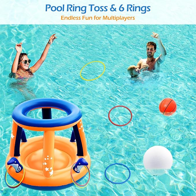 Jasonwell Pool Toys Games Set - 3 in 1 Pool Volleyball Net Basketball Hoop Ring Toss Game Inflatable Floats Water Floating Volleyball Swimming Pools Party Game Accessories Toy Gift Kids Teens Adults
