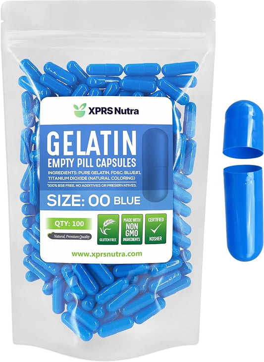 XPRS Nutra Size 00 Empty Capsules - 100 Count Empty Gelatin Capsules - Pills DIY Capsule Filling - Fillable Pill Gel Caps for Do-It-Yourself Supplements (Blue)