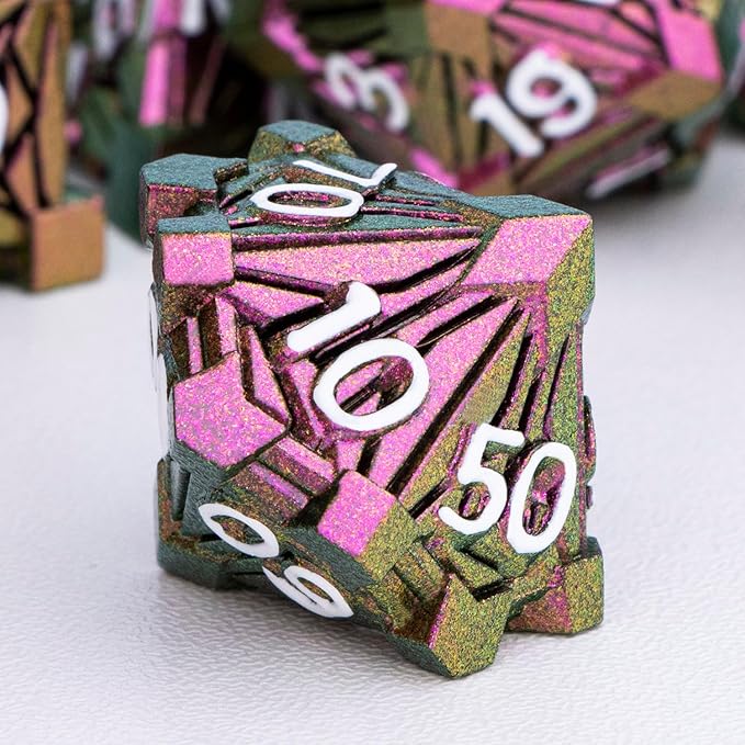 7PCS Metal DND Dice Set with Box, Debris RPG Red D and D Dice for D&D Tabletop Games Role Playing Game, Polyhedral Dice Set D20 D12 D10 D8 D6 D4