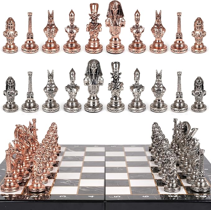 Large Egyptian Metal Chess Set for Adults with Travel Foldable Marbling 15-Inch Chess Board - Weighted Metal Chess Pieces- Luxurious Chess Sets for Collectors Family Vintage Board Game