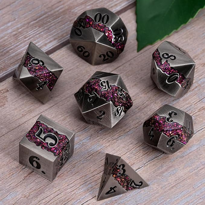 Metal DND Polyhedral Dice,Large Stripe Glitter Metallic Dice Set,Antique Silver Dice 7pcs Set for Role Playing Games(Antique Nickel Rose Red)