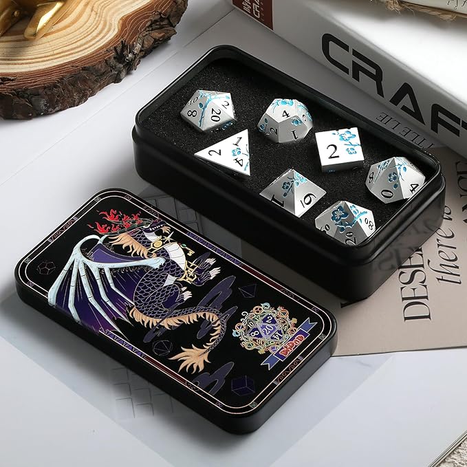 Glow in The Dark Flower Metal Dice, DNDND 7 PCS Blue Metallic D&D Dice Set with Gorgeous Gift Case for Dungeons and Dragon Tabletop Game (Glow in The Dark Blue)