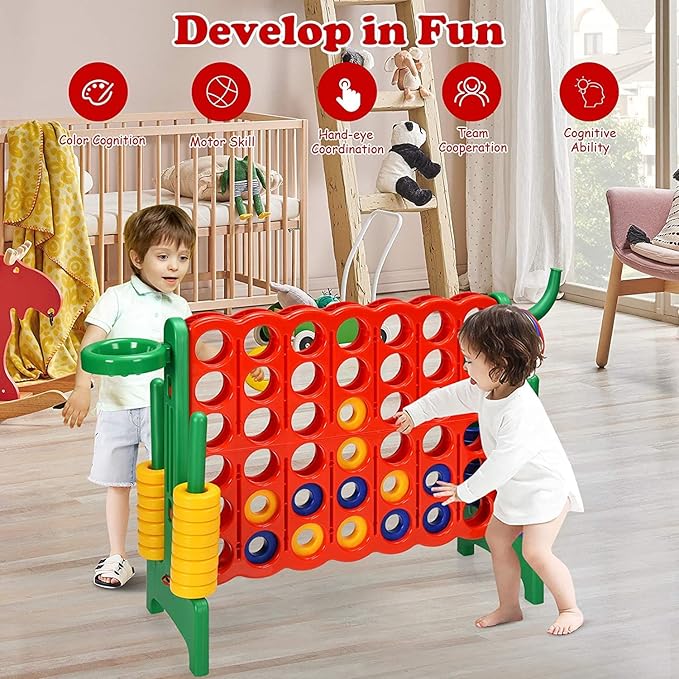 Giant 4 in a Row Connect Game, Jumbo 4 to Score Game Set w/ 42 Chess Rings, Basketball & Hoop, Toss Rings & Quick-Release Lever, Indoor & Outdoor Family Party Game for Kids & Adults