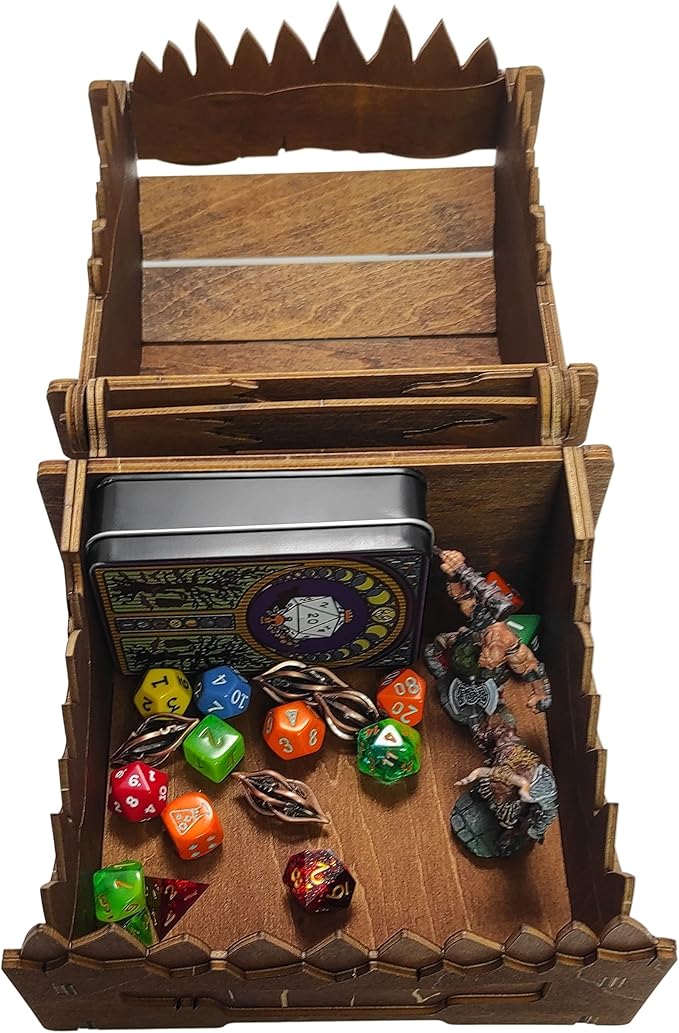 Mimic Chest for Dungeons and Dragons Tower with Tray Wood Laser Etched Cthulhu Portable and Collapsible Dice Roller Perfect for Board Game and Tabletop RPG