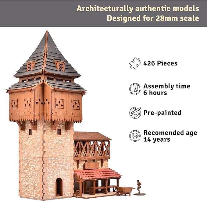 Eyrie P Castle Guard Tower - 3D Wooden Puzzle - DIY 28mm Scale Model Building Set for Adults and Collectors - Educational Toy - Creative Gift - Tabletop Miniature Relief Building Set