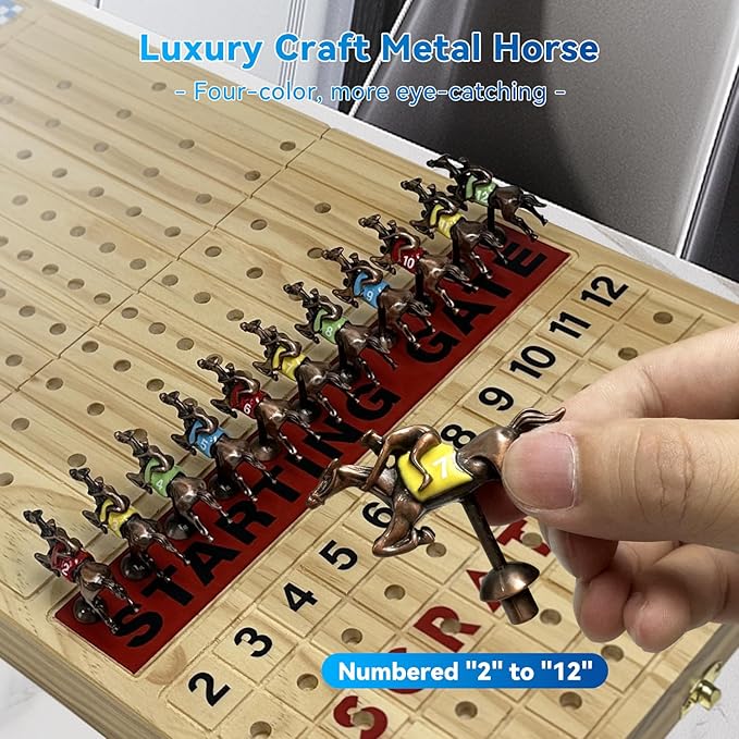 Large 23 inches Horse Racing Board Game with 11 Luxury Metal Numbered Horses, Foldable Wood Horse Race Board Game with 2 Sets of Dice, 2 Boxes of Cards, 80pc Poker Chips for Parties and Gambling