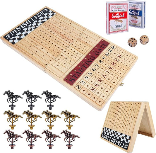 Large 23 inches Horse Race Board Game, Premium Durable Foldable Wooden Box, Horse Racing Game with 11 Retro Metal Horses, 2 Dices and 2 Playing Cards Fun Family Night Games for Adults Kids