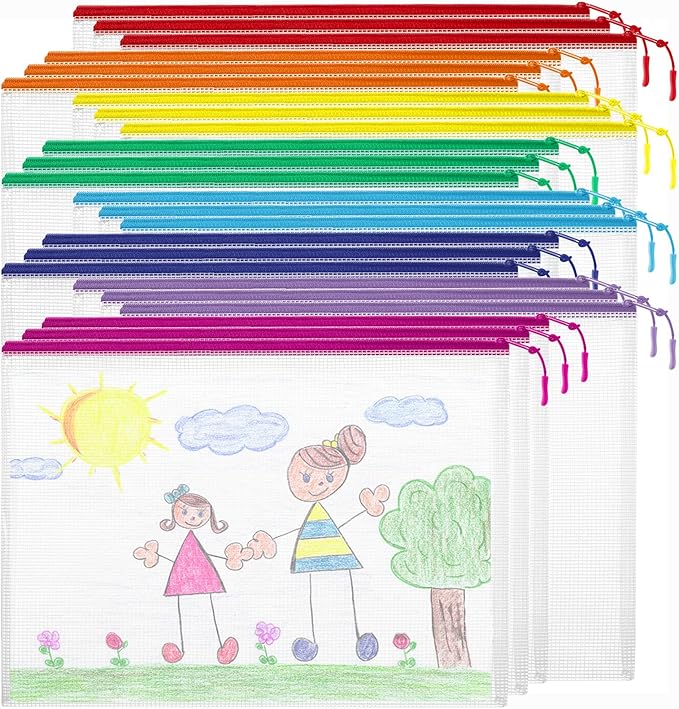 24pcs Mesh Zipper Pouch Bags Puzzle Storage Bags, A4 13x9 Inches Large Reusable Zipper Pouches for Classroom Organizing Board Game Home Organization