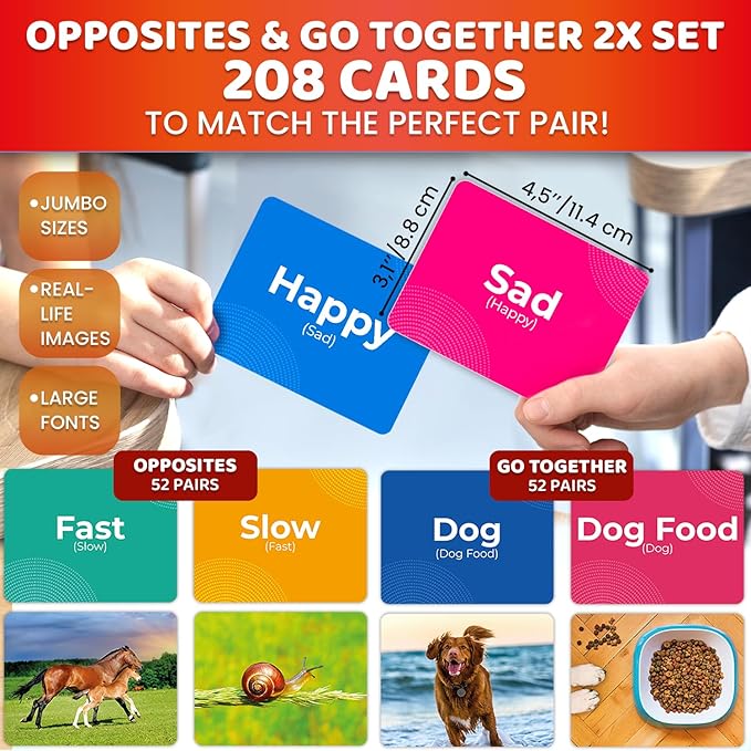 QUOKKA 208 Vocabulary Flash Cards Set - Go Together and Opposites Matching Card Game with Realistic Images for Pre-K and Kindergarten - Perfect for Teachers, Parents, and Speech Development Activities