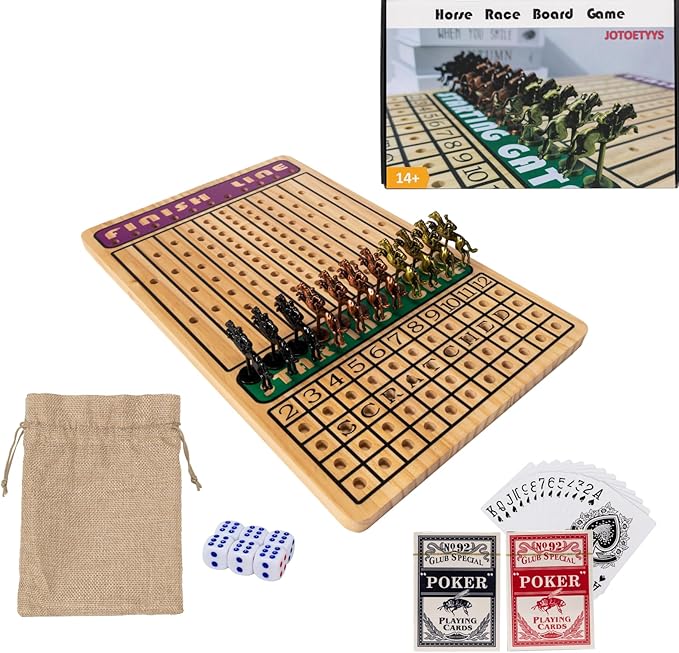 Horse Race Board Game, Horse Racing Game with 11 Luxury Metal Horses, 4 Dice, 2 Boxes of Cards, and Thickened Wood Horse Race Game Board