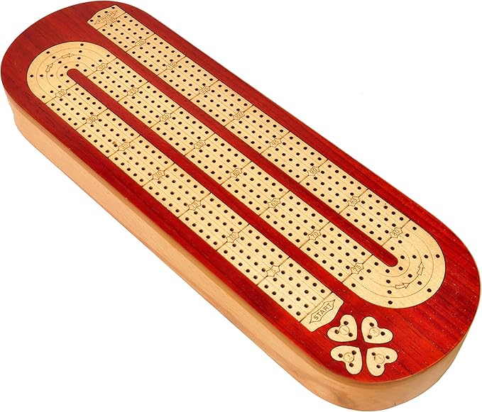 PALM ROYAL HANDICRAFTS 4 Track Wooden Cribbage Board Game Set Inlaid in Blood Wood and Maple Wood with pegs and Cards Storage Available. 4 Player Cribbage Board Game (15 x 5 Inches)