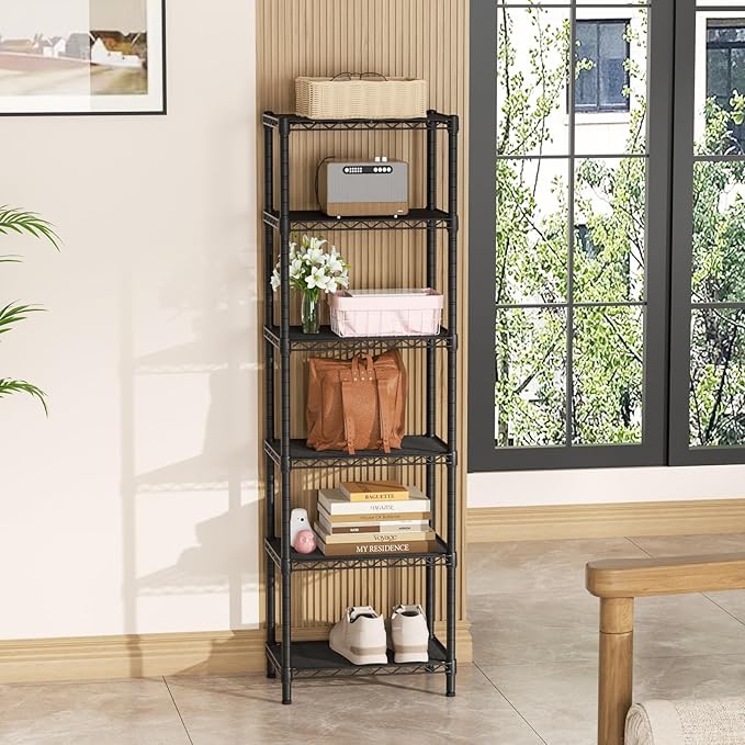 6 Tier Adjustable Storage Shelves Narrow Mesh Gaps Metal Utility Shelf Wire Shelving Unit Organizer Rack for Home Kitchen Office Bathroom Pantry Room10 D x 16" W x 60" H Black