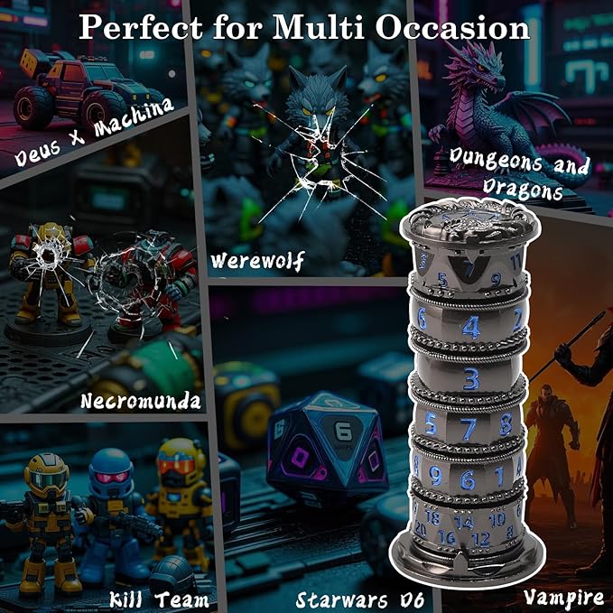 Pagoda Dice Spinner, 7 in 1 Metal Unique Roulette Dice for Sci-Fi, War, Crime Theme Tabletop Games