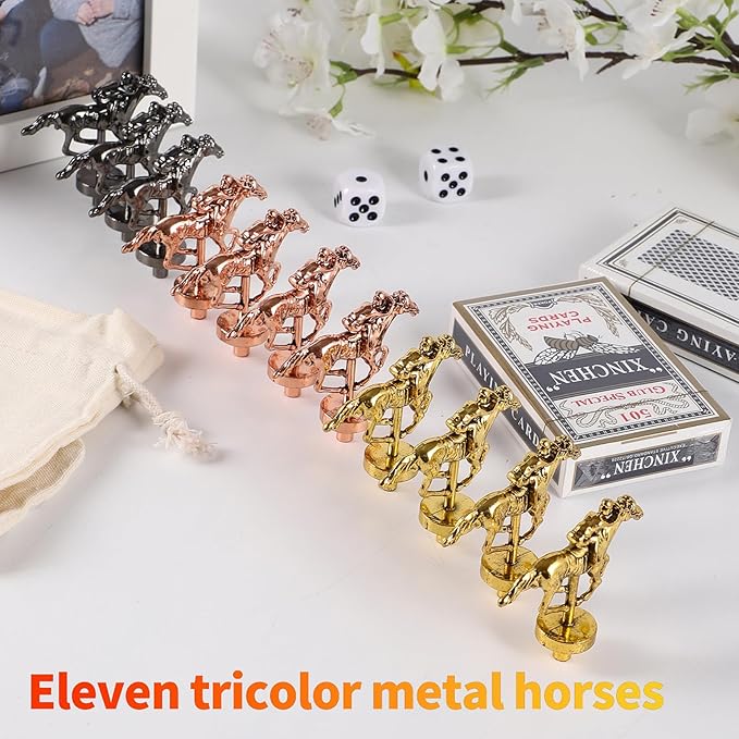 Large 21 inches Horse Racing Board Game Thickened Solid Wood with 11 Luxurious Durable Classic Metal Horses Including Dice and Cards Finish LINE Race Game Board (Large, Yellow)