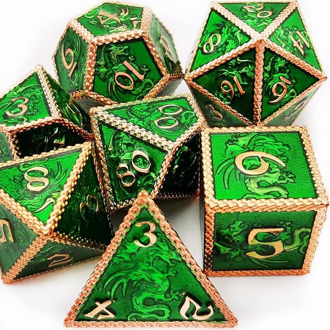 HAOMEJA Dragon Metal Dice DND 7 Set Role Playing Dice D&D Dungeons and Dragons Red Copper Green Zinc Alloy Polyhedral