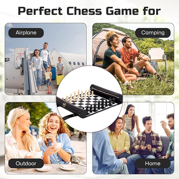 Roll Up Chess Set - 11" Foldable Leather Chess Mat with Wooden Chess Pieces - Portable Travel Chess Set with Straps - Perfect Chess Game for Airplane, Camping, and More (Black)