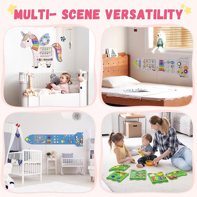 Unicorn Sensory Wall Panel for Kids - Activity Wall Busy Board Panels, Montessori Toddler Wall Activity Board, Wall Toys for Toddlers 3, Activity Cube, Perfect for Toddler Playroom, Pink