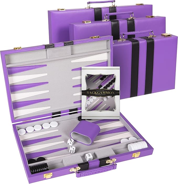 Backgammon Set 11 inch, Small - Classic Board Game for Adults and Kids with Premium Leather Case - Includes Strategy & Tip Guide (Purple)