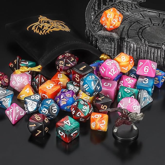 QMAY Polyhedral Dice - 48PCS Mystery Dice Set, Various Styles, Random D&D Dice Patterns & Dice Bag, 6 Mystery Bags, DND Gifts, Suitable for Dungeons and Dragons, RPG, MTG,Role Playing Table Game