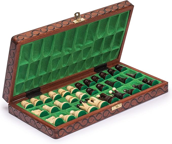 Husaria European International Chess Wooden Game Set, King's International - 14 Inches Medium Size Chess Set with Handcrafted Chessmen and Felted Folding Board