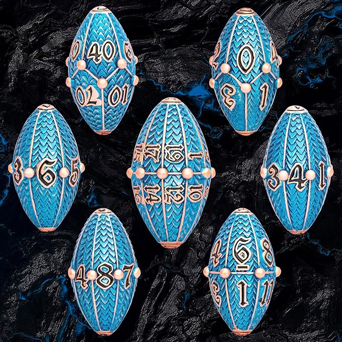 ARUOHHA DND Metal Dice Copper Blue Dragon Egg Dice with Metal Box, Role Playing Game RPG Polyhedral D and D Dice Set D20 D12 D10 D8 D6 D4