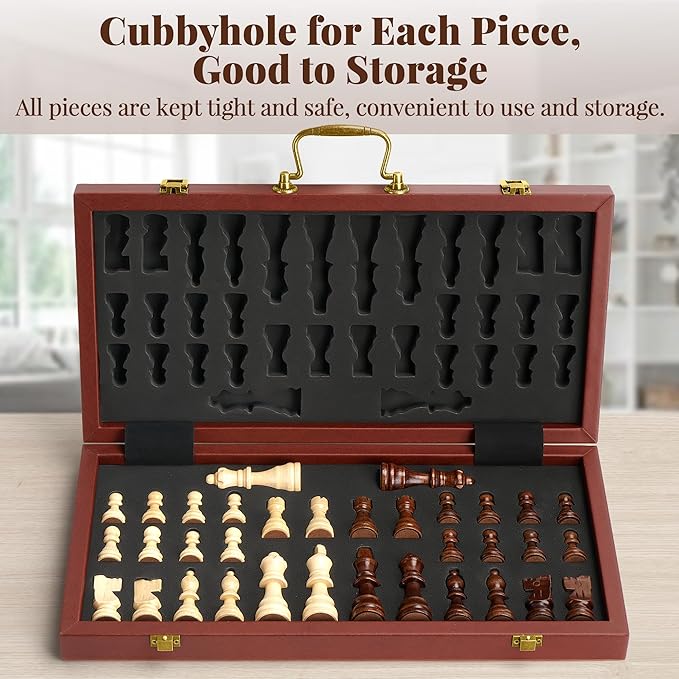 Magnetic Chess Set 15.5 Inch Chess Boards for Adults & Kids, Leather & Wooden Folding Board with Handmade Wood Pieces, Travel Chess Sets Game with Portable Handle for Beginners Professionals
