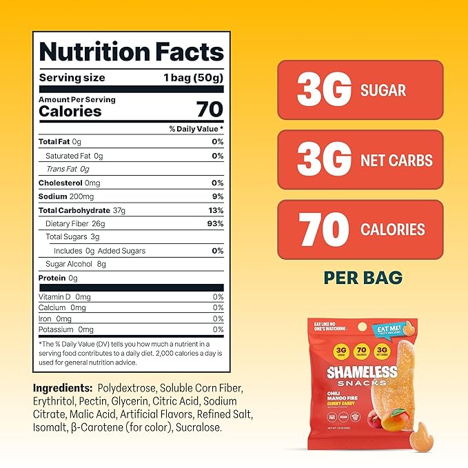 Shameless Snacks - Healthy Low Calorie Snacks, Low Carb Keto Gummies (Gluten Free Candy) - 6 Pack Chili Mango Fire