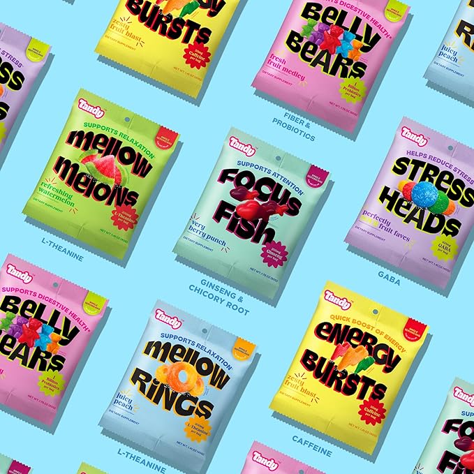 Tandy Mellow Melons & Mellow Rings L-Theanine Gummies I Relaxation Gummy with Watermelon & Peach Flavors I Calming Gummies for Adults I Gluten-Free Fast-Acting Dietary Supplement Gummy I 6-Pack