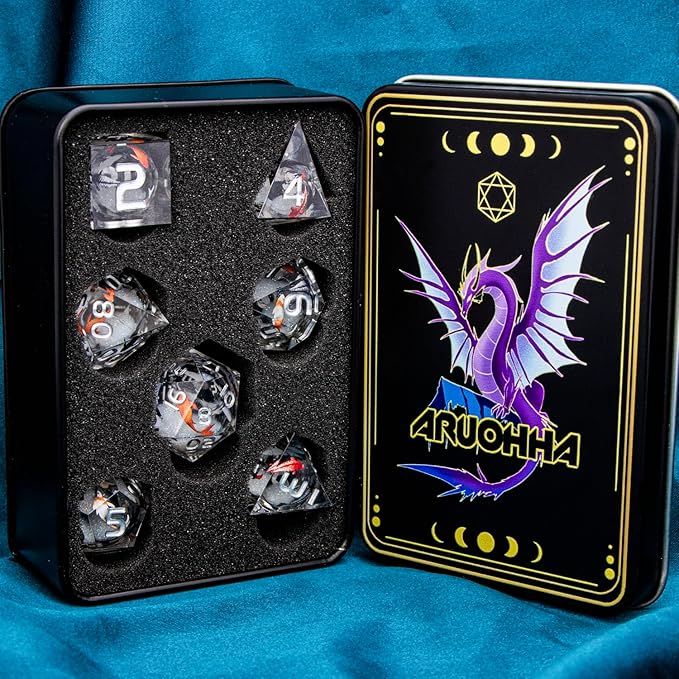 ARUOHHA DND Dice Set Liquid Core Koi Fish Sharp Edged Dragons Dice Compatible with D&D Role Playing Game, RPG Handmade Resin Dungeons Polyhedral D and D Dice Set D20 D12 D10 D8 D6 D4