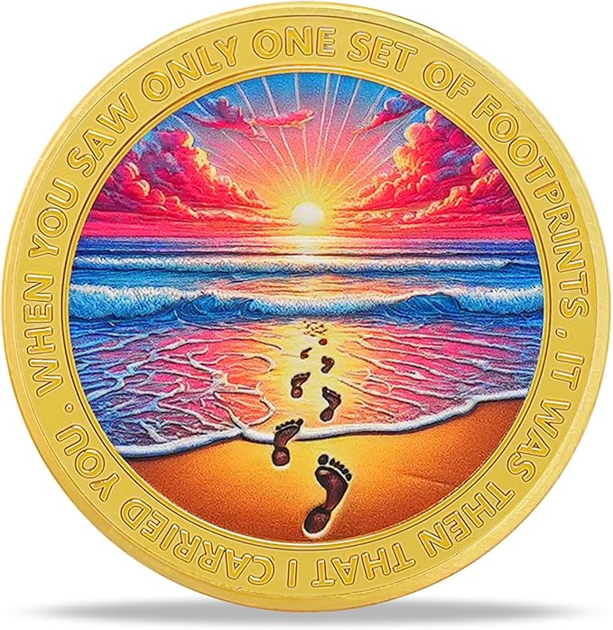 Seaside Footprints Religious Coin Inspirational Bible Verse Medallion Faith-Based Gifts for Spiritual Encouragement for Men & Women