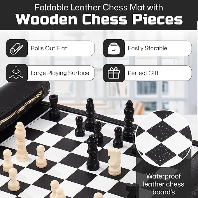 Roll Up Chess Set - 11" Foldable Leather Chess Mat with Wooden Chess Pieces - Portable Travel Chess Set with Straps - Perfect Chess Game for Airplane, Camping, and More (Black)