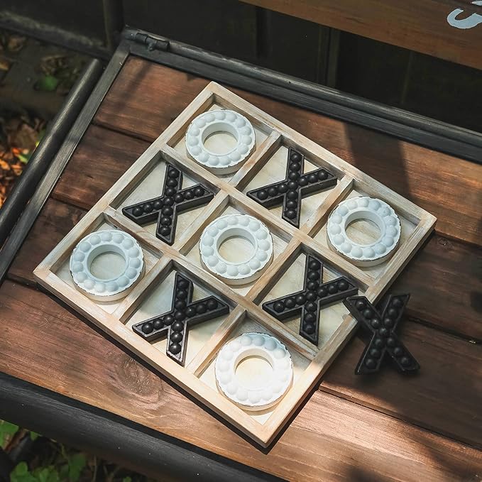 NIKKY HOME Tic Tac Toe Game Coffee Table Decor, 10.6 Inch Rustic Wooden Board, Black & White