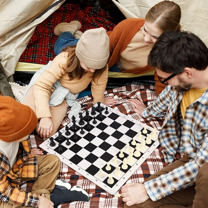 Travel Chess Set 20'' Silicone Chess Board-3.75'' King Height Plastic Chess Piece, Extra Queens & Storage Bag, 2 in 1 Portable Chess & Checker Board Games for Kids and Adults