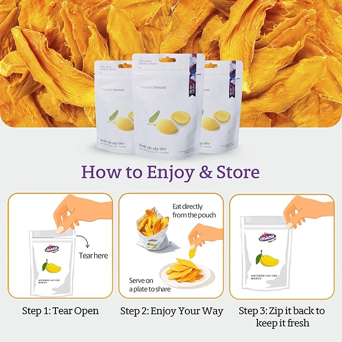 Vinamit Air Dried Mango | Naturally Sweet Mango Slices | 3.5 oz Bag | Vegan, Non-GMO, Gluten-Free & Low Added Sugar | Rich in Potassium | Ideal for Travel, Healthy Snacking