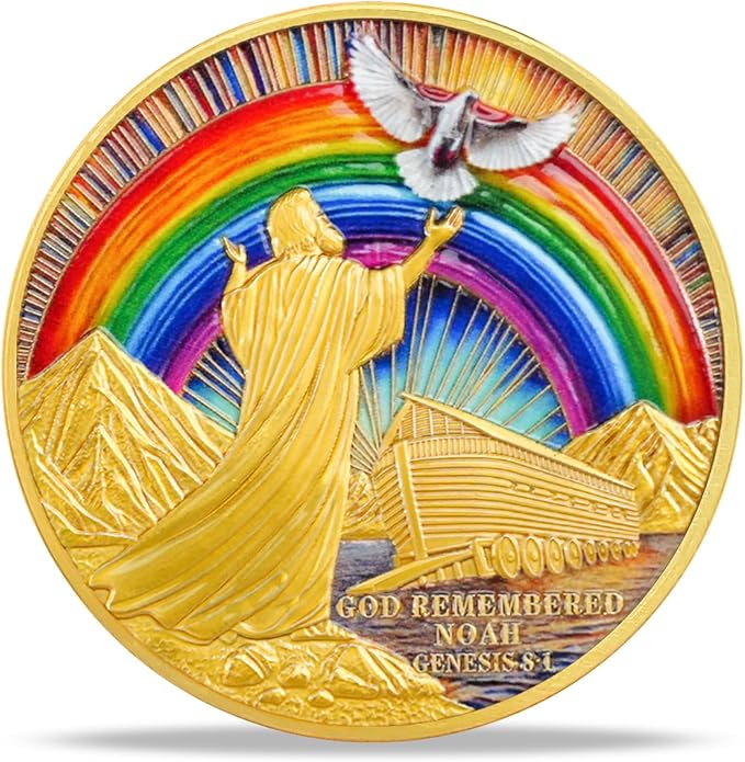 Rainbow Ark Dove Religious Coin Inspirational Bible Verse Medallion Faith-Based Gifts for Spiritual Encouragement for Men & Women
