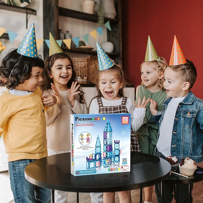 PicasssoTiles 72 Piece Magnetic Building Tiles Castle Winter Ice Theme Construction Magnet Block Set with Princess Prince Character Stairs Windows Doors STEM Learning Educational Toy Kids Ages 3+ PT72