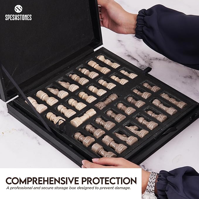 Marble Chess Set 12 Inch Handmade Travertine & Oceanic Board Game with Storage Box, Classic Travel Chess Set for Adults with Pieces & 2 Extra Queens, Elegant Gift & Home Décor