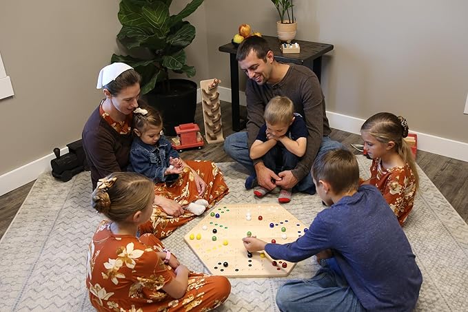 AmishToyBox.com Wahoo Wooden Marble Game Board Set - Large 24" Wide - Solid Maple Wood - Double-Sided - with Large 22mm Marbles and Dice Included