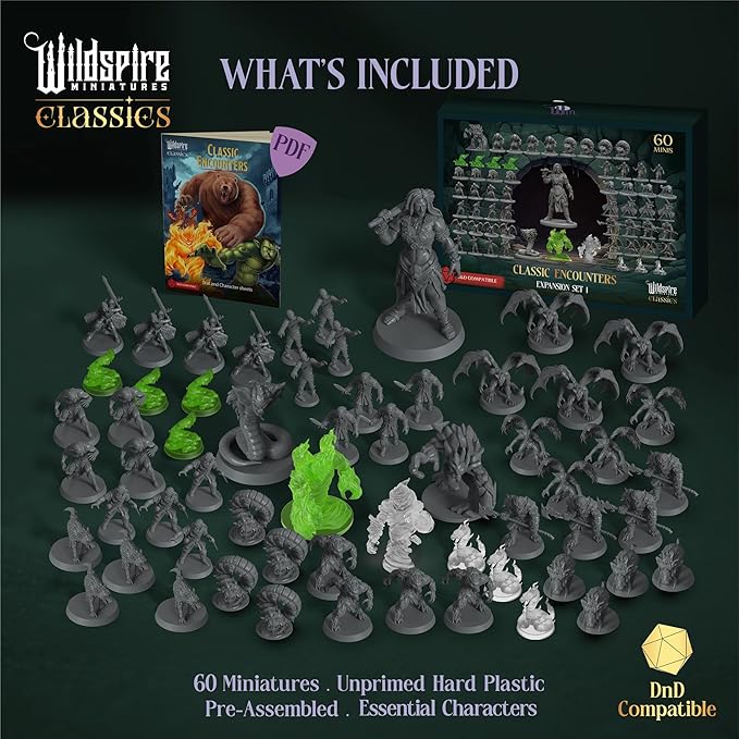 Classic Encounters - Expansion Set I - 60 Iconic DND Miniatures Bulk Monsters, Unpainted Tabletop RPG DND Minis, D&D Miniatures, Fantasy Figurines, Dungeons & Dragons Minis, 28mm, Assembled Unprimed
