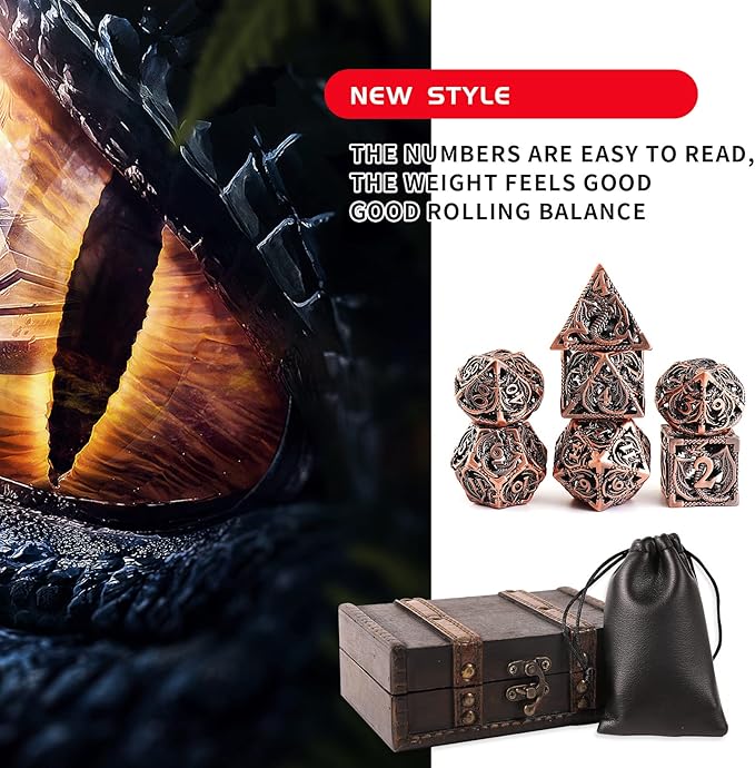 Hollow Metal DND Dice 7Pcs Set for Dungeons and Dragons RPG MTG Table Games D&D Pathfinder Shadowrun and Math Teaching,Large D4,D6,D8,D10,D12,D20 freaky multi sided Dice Set D and D Dice with Gift Box
