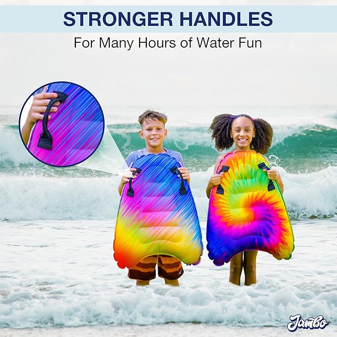 JAMBO Inflatable Surf Body Board with Handles, Boogie Board for Beach, Surfing Swimming Floating Surfboard Boards, Pool Floats Pool Beach Toy for Kids (Tie Dye and Color Spiked Double Pack) - 2 Pack