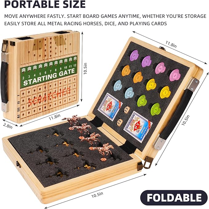 21 Inches Horse Race Board Game, Horse Racing Game with Cards and Dice, 11 Metal Horses, 60 Pcs Poker Chips Set, Solid Wood Across The Board Horse Race Game for Adults Family Friends