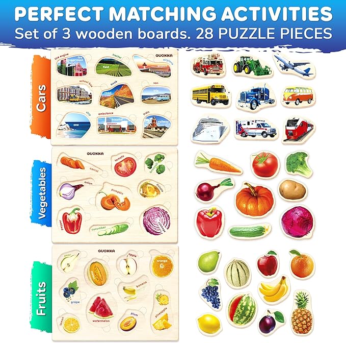 QUOKKA Wooden Puzzles for Toddlers 1-3 – 3xSET Kids Puzzles Ages 2-4 – Montessori Toy Puzzle for Toddlers 3-5 – Wood Toy Learning Realistic Fruits - Cars - Vegetables for Boy and Girl