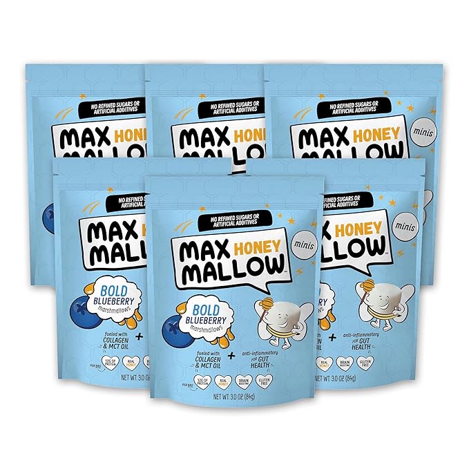 Max Mallow Bold Blueberry Mini HONEY Marshmallows – Gut Friendly, Gluten Free, No Refined Sugars, Real Wildflower Honey, Collagen-Infused Snack (6 Pack, Bold Blueberry)