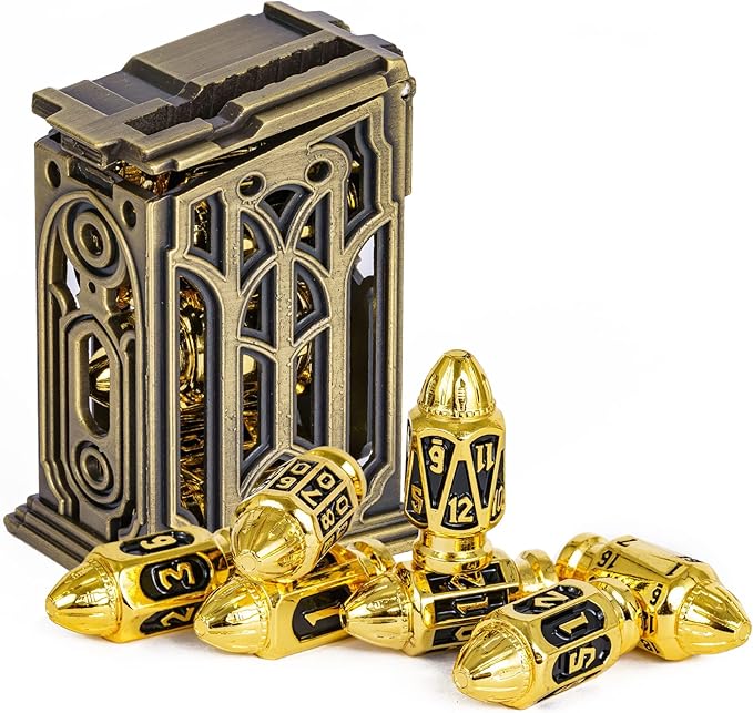 UDIXI Metal DND Dice Set with Unique Container, 7-Die Bullet RPG Dice Set for D&D, Role Playing Game or Other Tabletop Games（Golden Black）
